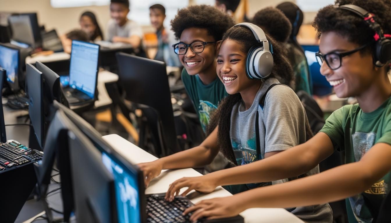 Group of students in a classroom wearing headphones, smiling and looking at computer screens.